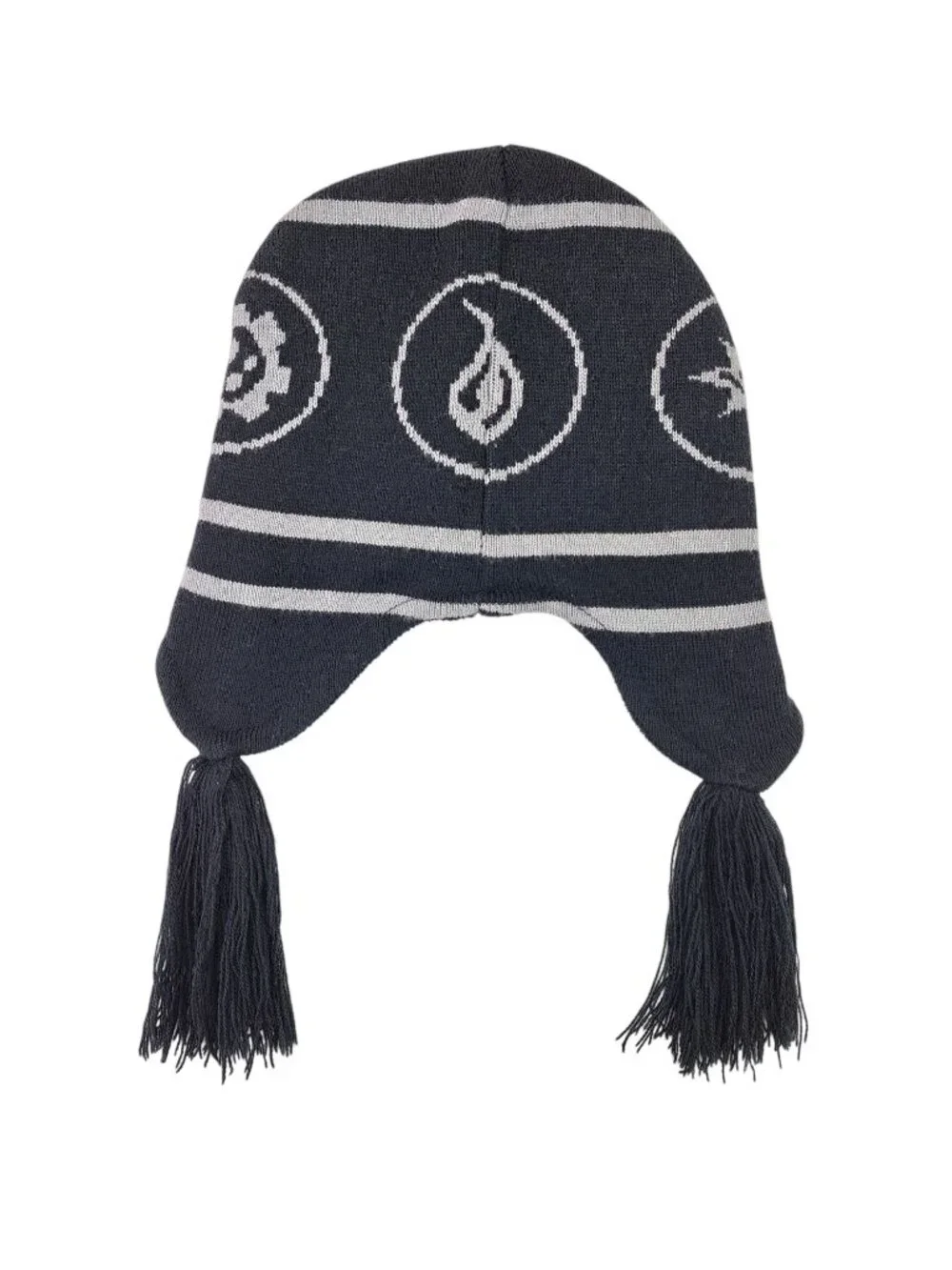 Skylanders Giants Kids Youth Winter Hat Black & Gray Striped With Tassels Beanie